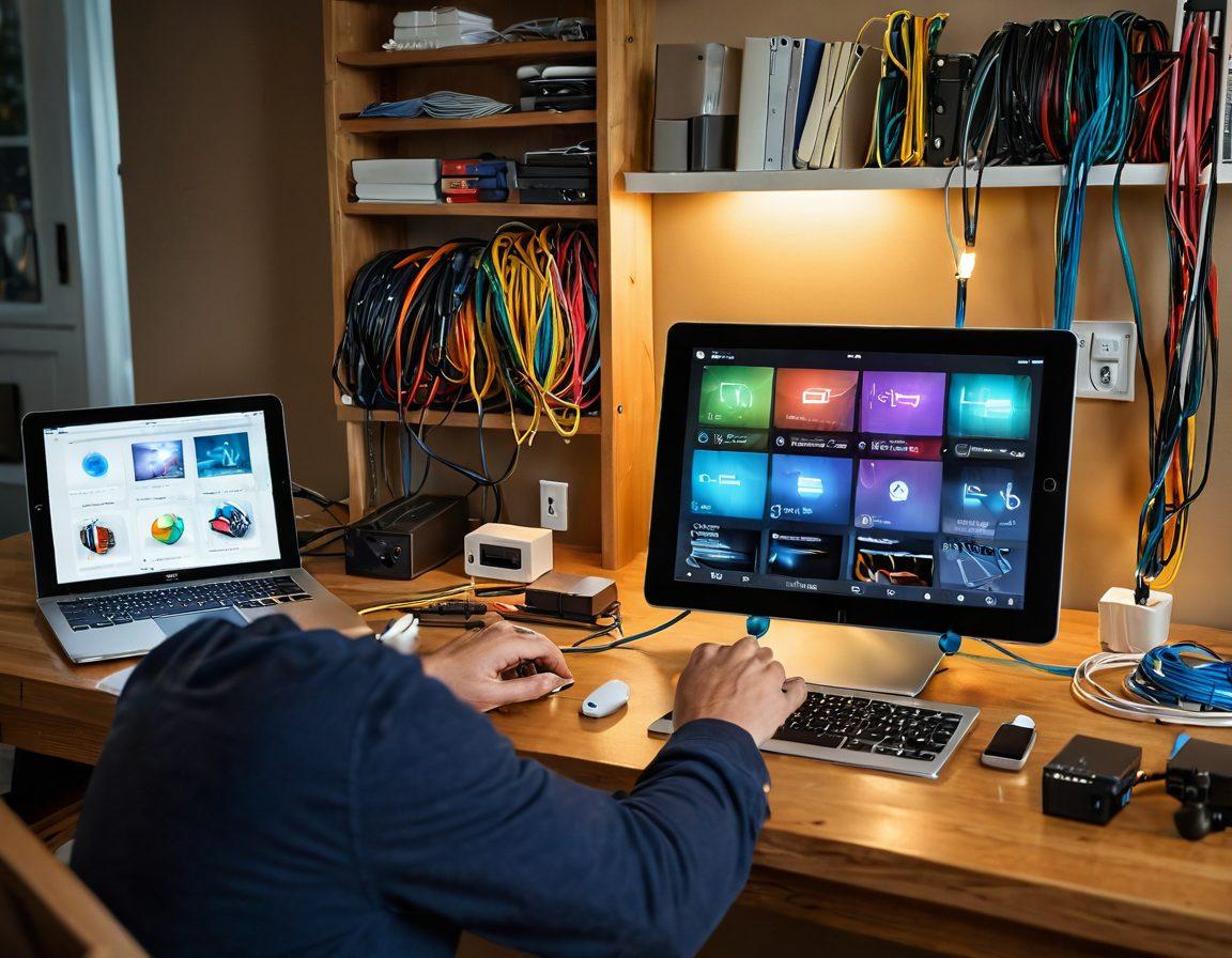 A cozy home setting featuring a person expertly installing network cables, surrounded by colorful tools and gadgets, with clear labels on various types of cables for home networking. Include a digital tablet displaying a home network diagram in the background, and soft ambient lighting to create an inviting atmosphere. super-realistic. vibrant colors. warm tones.