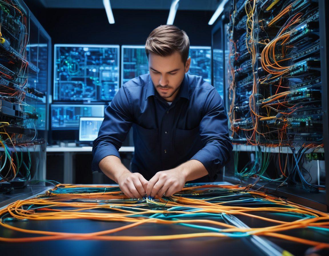 A skilled technician meticulously installing cables in an intricate network setup within a modern office environment, infused with glowing circuits and digital elements representing mastery in cable installation. The technician is focused and surrounded by tools of the trade, with blueprints and schematic designs in the background. Bright, engaging colors to symbolize innovation and expertise. super-realistic. vibrant colors.