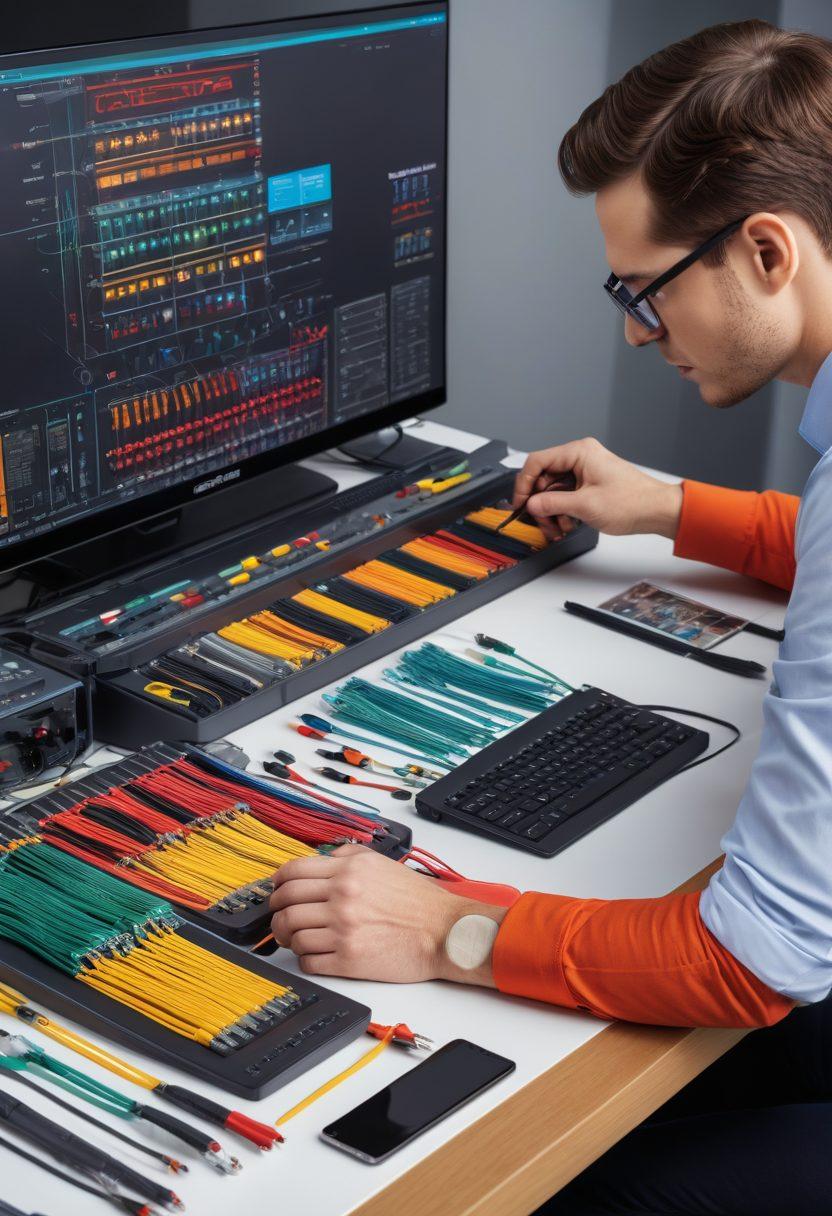 A visually engaging workspace featuring neatly organized cables and connectors arranged in colorful, labeled sections. A professional expert is demonstrating cable handling techniques, with tools and accessories on a sleek desk. Background elements include a digital display showing communication flow visuals, creating a sense of structured connectivity. The overall vibe is modern and efficient. vibrant colors. super-realistic.